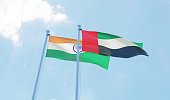 India and UAE, two flags waving against blue sky