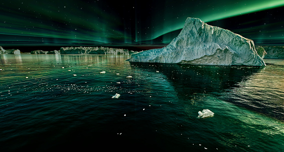 iceberg floating in greenland fjord at night with green northern lights.