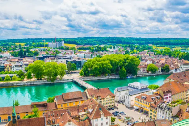 Aerial view of Solothurn with river Aare passing by, Switzerland