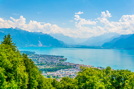 Aerial view of swiss city Vevey near Geneva lake