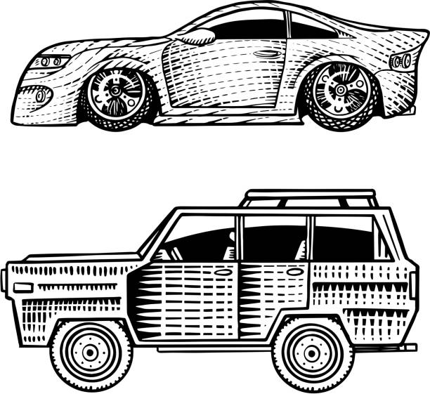 ilustraciones, imágenes clip art, dibujos animados e iconos de stock de coches de musculación y transportes vintage para símbolos y etiquetas. conjunto de retro old school auto service. colección de roadster clásico. dibujo dibujado a mano grabado. clase ejecutiva y vehículo de motor deportivo. - roadster