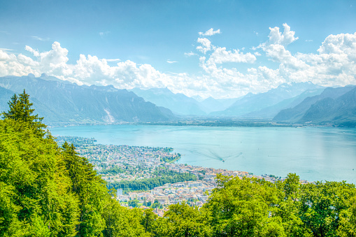 Aerial view of swiss city Vevey near Geneva lake