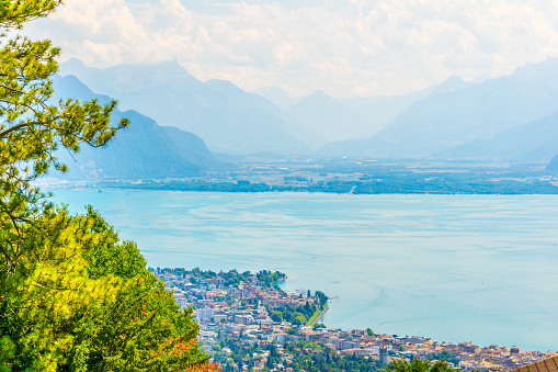 Aerial view of swiss city Vevey near Geneva lake