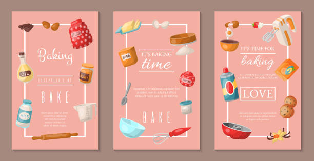 Time for baking set of banners. Baking ingredients and kitchen tools and utensils. Collection of realistic cartoon vector illustrations with cooking related objects. Honey, flour, soda. Time for baking set of banners. Baking ingredients and kitchen tools and utensils collection of realistic cartoon vector illustrations with cooking related objects. Honey, flour, soda, mixer, milk. rolling dough stock illustrations