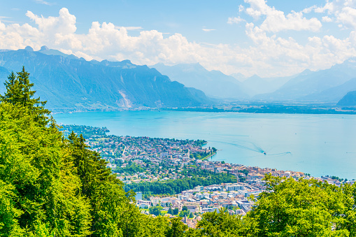 Aerial view of swiss city Vevey near Geneva lake