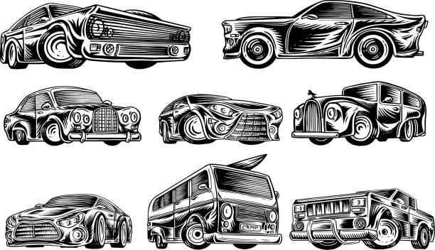 ilustraciones, imágenes clip art, dibujos animados e iconos de stock de coches de musculación y transportes vintage para símbolos y etiquetas. conjunto de retro old school auto service. colección de roadster clásico. dibujo dibujado a mano grabado. clase ejecutiva y vehículo de motor deportivo. - roadster