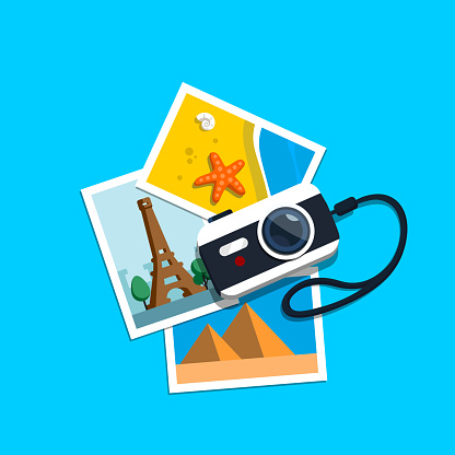 Camera and pile photos. Photos from travels. Vector illustration in flat style.