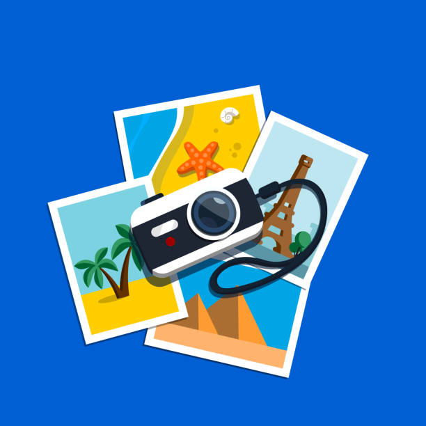 Camera and pile photos Camera and pile photos. Photos from travels. Vector illustration in flat style. vacations photos stock illustrations