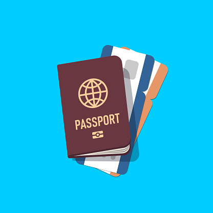 Brown European passport with on air ticket. View top. Illustration in flat style. Vector isolated object.