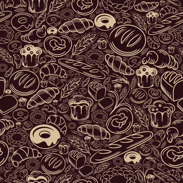 Bakery Seamless Pattern A hand drawing seamless pattern of bakery delights. bread patterns stock illustrations