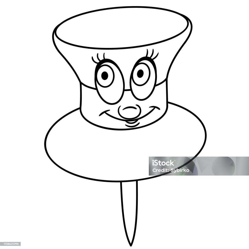 Coloring page of cartoon office pin or thumbtack Coloring page of cartoon office pin or thumbtack. Coloring book design for kids. Anthropomorphic Face stock vector