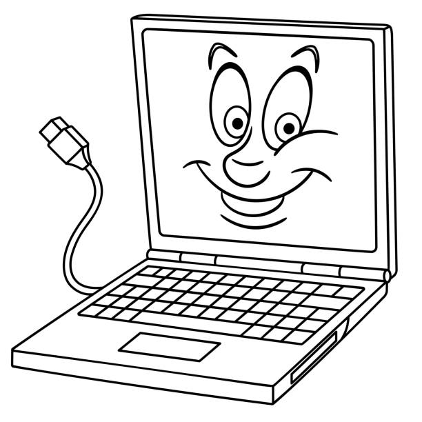 illustrations, cliparts, dessins animés et icônes de coloriage de l'ordinateur portable de dessin animé - computer computer keyboard computer monitor caricature