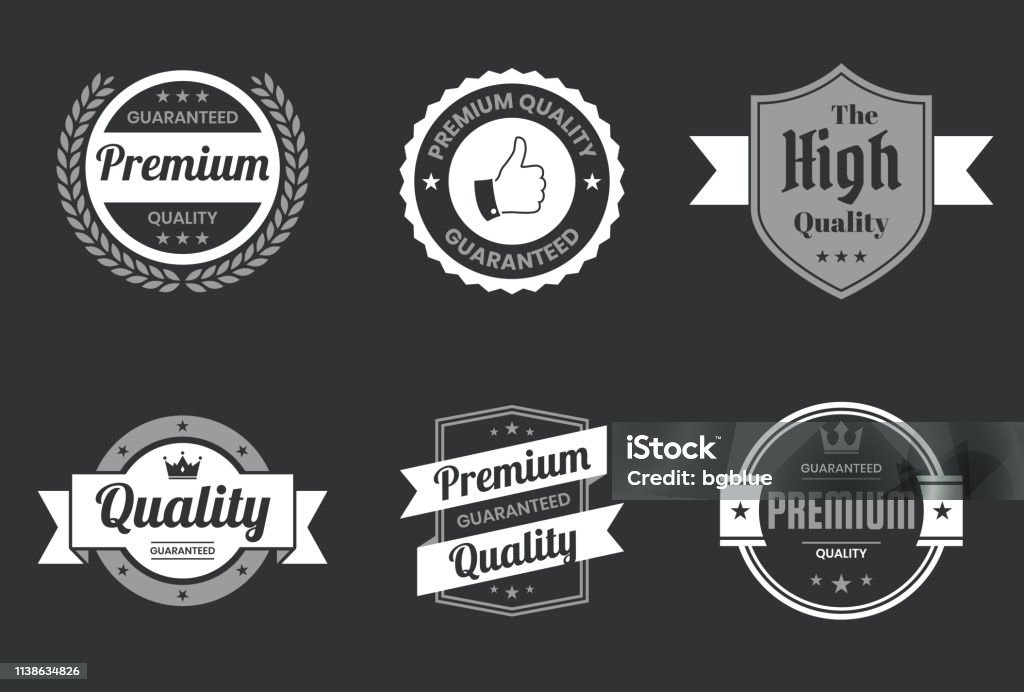 Set of "Quality" White Badges and Labels - Design Elements Set of 6 "Quality" White badges and labels, isolated on a black background (Premium - Guaranteed Quality, Premium Quality Guaranteed, The High Quality, Quality - Guaranteed, Premium Quality - Guaranteed). Elements for your design, with space for your text. Vector Illustration (EPS10, well layered and grouped). Easy to edit, manipulate, resize or colorize. Please do not hesitate to contact me if you have any questions, or need to customise the illustration. http://www.istockphoto.com/portfolio/bgblue Logo stock vector