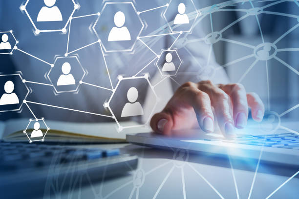 istock Woman hand typing, people network 1138635480