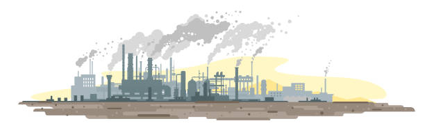 illustrazioni stock, clip art, cartoni animati e icone di tendenza di inquinamento atmosferico provocato dagli impianti industriali - gasoline factory station chimney