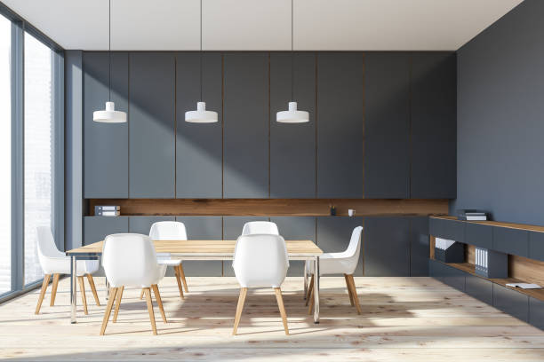 istock Panoramic gray meeting room interior 1138636017