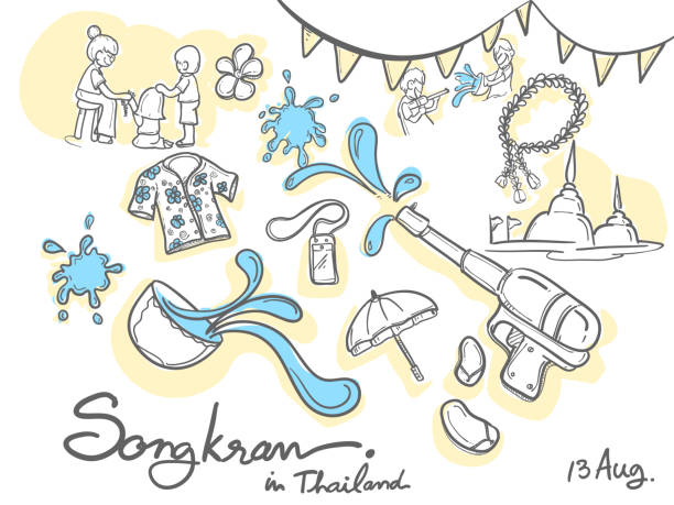 festiwal vector songkran w tajlandii, styl doodle, kreskówka i ilustracja - abstract asia backgrounds bangkok stock illustrations