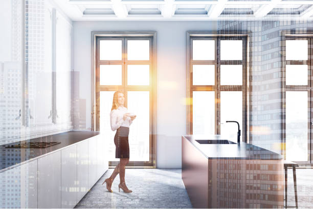 istock Luxury white kitchen with bar, woman 1138637128