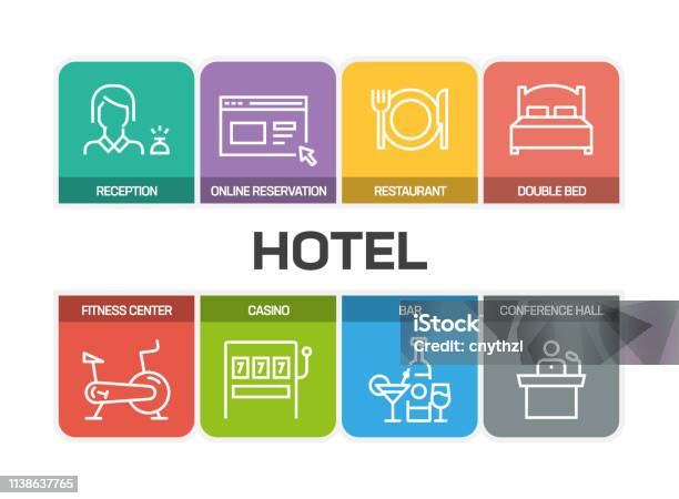 Hotel Related Line Icons Stock Illustration - Download Image Now - Convention Center, Icon Symbol, Vacations