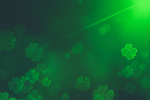 St. Patrick's Day verde Shamrock hojas de fondo. El telón de fondo del día de Patrick con el crecimiento extremo de hoja de trébol. Patrick Day fiesta de fondo de pub photo