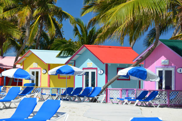 Colorful bungalows on the beach Eleuthera, Bahamas - March 21, 2017 : Colorful bungalows on Princess Cays beach. cay stock pictures, royalty-free photos & images