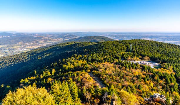 Aerial view of Jested ridge from Jested Mountain on sunny summer evening. Czech Republic.