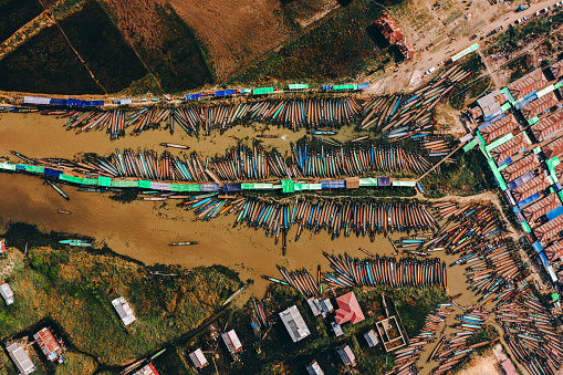 Scenic aerial view of a lot of boats near the market on Inle Lake