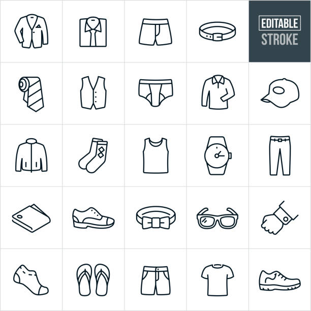 Men's Clothing Thin Line Icons - Editable Stroke A set men's clothing icons that include editable strokes or outlines using the EPS vector file. The icons include formal and casual wear and include a suit, dress shirt, neck tie, underwear, boxers, belt, vest, button down shirt, shirt, ball cap, coat, jacket, socks, tank top, watch, dress pants, wallet, dress shoes, bow tie, glasses, cuff link, socks, flip-flops, sandals, shorts, t-shirt and running shoe. hat illustrations stock illustrations