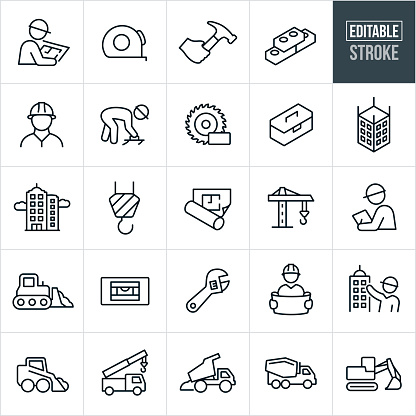 A set construction icons that include editable strokes or outlines using the EPS vector file. The icons include construction workers, engineers, blue prints, bricks, construction workers working, saw, toolbox, building construction, crane, foreman, and engineer holding blueprints. They also include heavy equipment including a bulldozer, dump truck, cement truck and excavator. Also included are work tools including a tape measure, hammer, level and wrench.