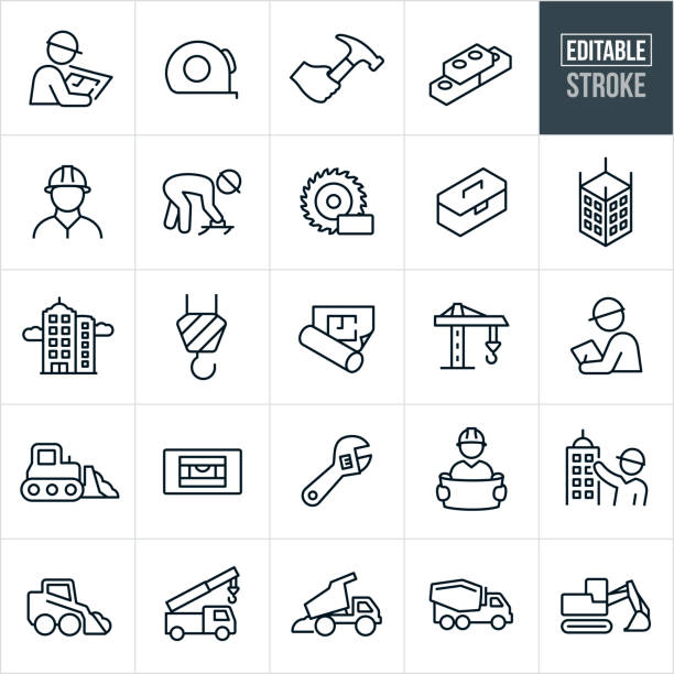 Construction Thin Line Icons - Editable Stroke A set construction icons that include editable strokes or outlines using the EPS vector file. The icons include construction workers, engineers, blue prints, bricks, construction workers working, saw, toolbox, building construction, crane, foreman, and engineer holding blueprints. They also include heavy equipment including a bulldozer, dump truck, cement truck and excavator. Also included are work tools including a tape measure, hammer, level and wrench. derrick crane stock illustrations