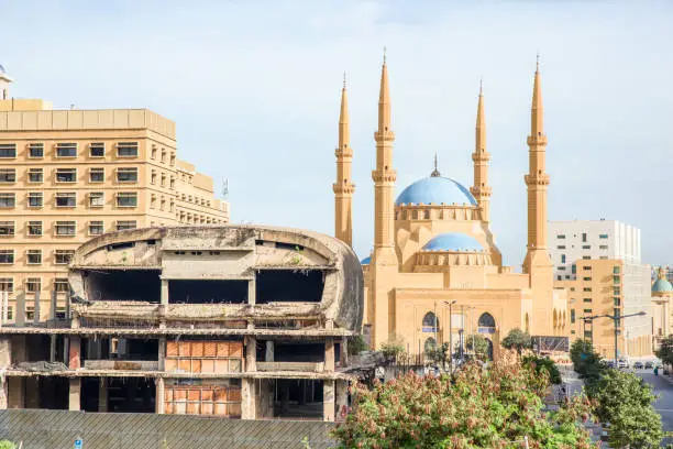 BEIRUT, LEBANON - 9 Mar 2018: The Egg cinema building and Al-Amine blue mosque in Downtown Beirut, Lebanon