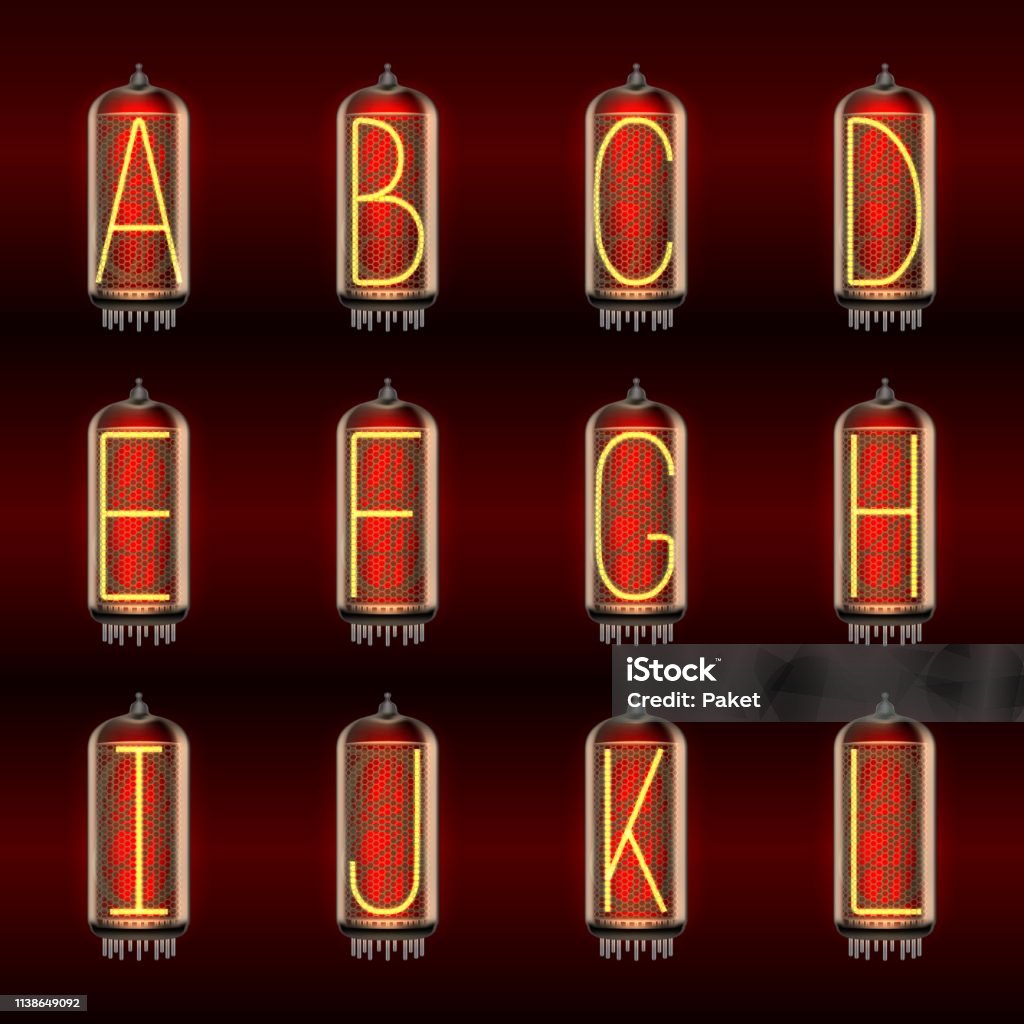 Nixie tube indicator lamp with letter set Retro-styled Alphabet set on pixie tube indicator lamps with letters A to L lit up, includes transparency. Vector illustration. Tube stock vector