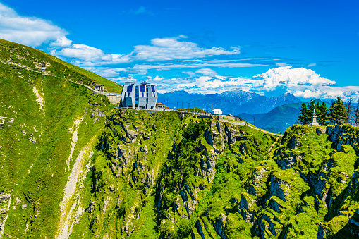 Edificio diseñado por Mario Botta en la cima del Monte generoso, Suiza photo