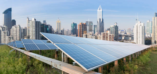 istock Solar panels and urban construction background 1138651568