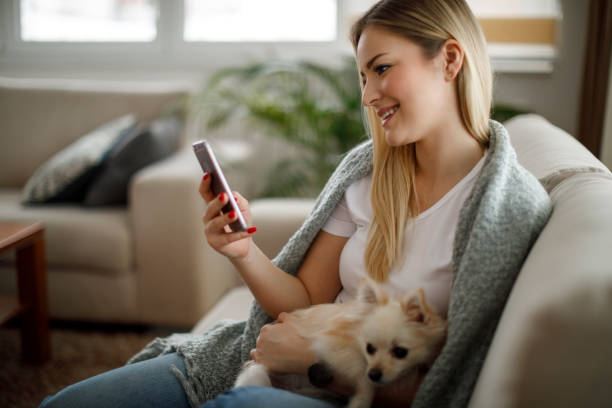 istock Young woman with her dog using mobile phone at home 1138653542