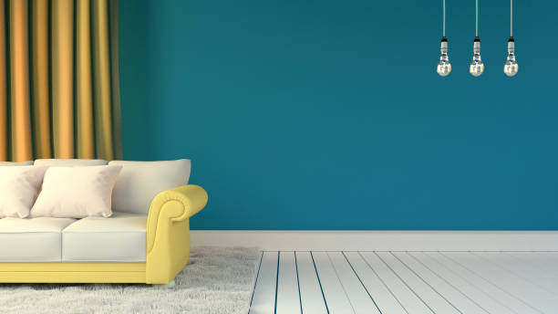 istock Room interior with blue wall and pillows on yellow sofa with white carpet and three lamps. 3D rendering 1138655016