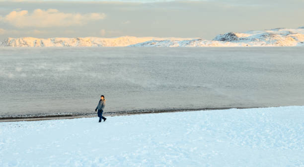istock Asian male walking on Arctic beach 1138655263