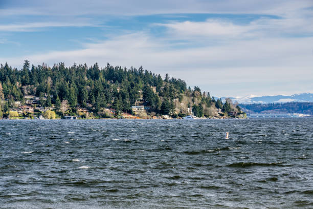 A view of waterfron home on Mercer Island near Seattle, Washington.