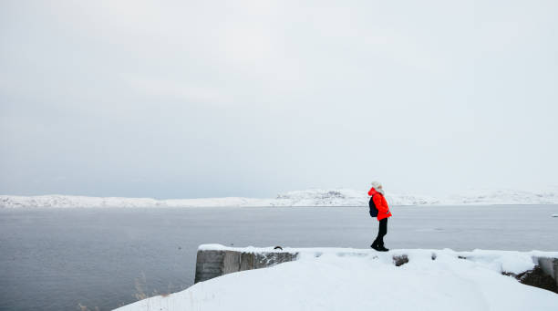 single young Asian woman standing on snowy platform inf front of Arctic ocean