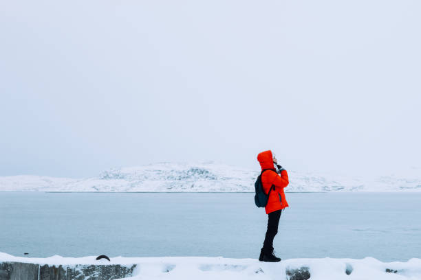 istock single young woman standing by Arctic ocean 1138656792