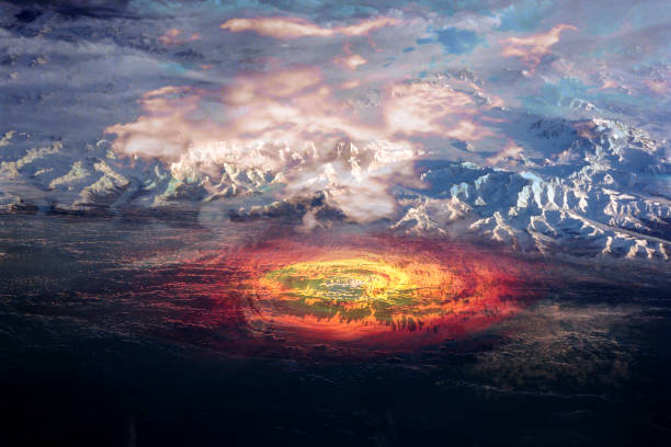 istock Sci fi collage image of global warning melting ice concept. Winter landscape with ice mountains and a huge red ring hob on the water. Elements of this image furnished by NASA. 1138656845