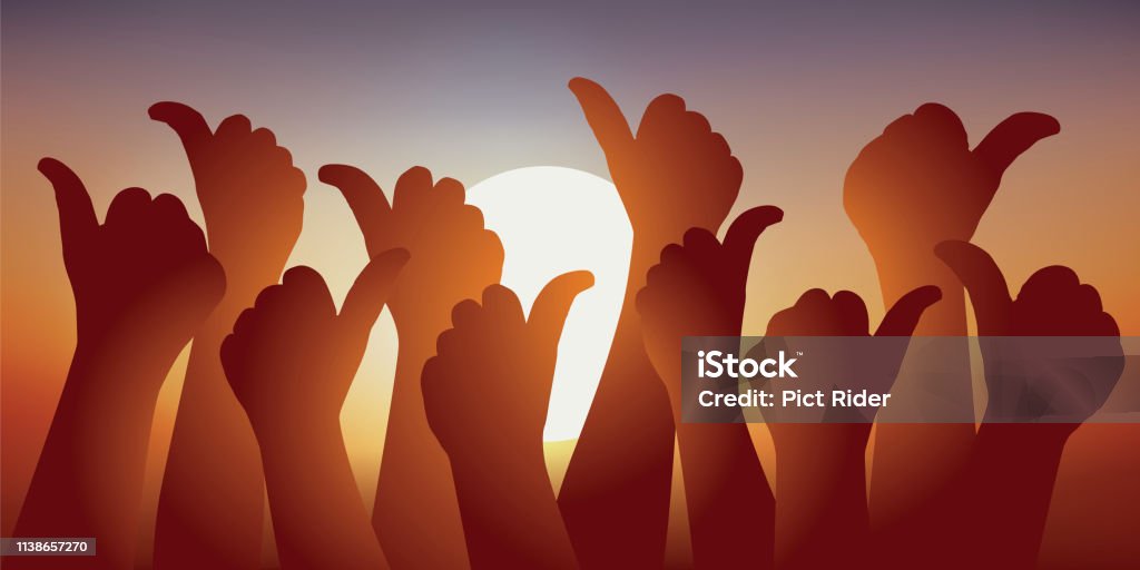 Symbol of the adhesion with several hands with the thumb lifted in front of a sunset. Concept of union with a group of hands, thumbs up in front of a sunset, to symbolize the membership vote. In Silhouette stock vector