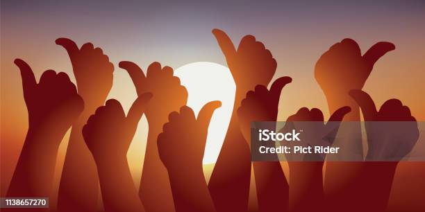 Symbol Of The Adhesion With Several Hands With The Thumb Lifted In Front Of A Sunset Stock Illustration - Download Image Now