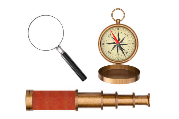 istock Antique Vintage Brass Compass, Telescope Spyglass and Magnifying Glass. 3d Rendering 1138657582