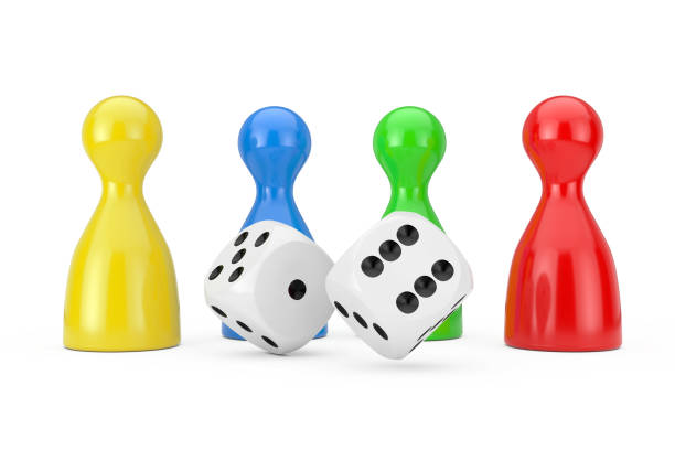 istock Set of Multicolour Board Game Pawn Figures Mockup with White Game Dice Cubes. 3d Rendering 1138657808