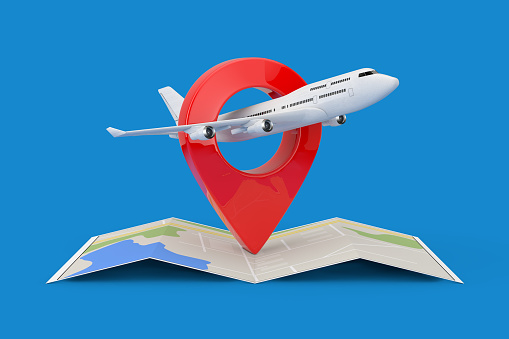 White Jet Passenger's Airplane over Folded Abstract Navigation Map with Target Pin Pointer on a blue background. 3d Rendering