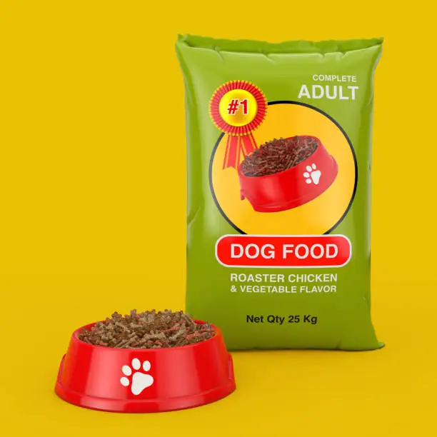 Dog Food Bag Package Design near Red Plastic Bowl with Dry Food for Dog on a yellow background. 3d Rendering