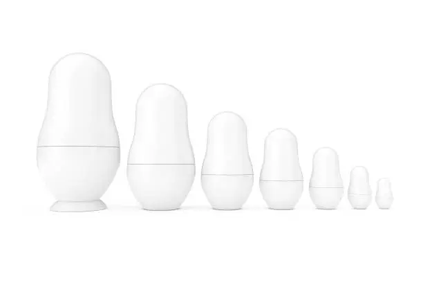 Row of Russian Blank White Matryoshka Nesting Dolls Mockups in Clay Style on a white background. 3d Rendering