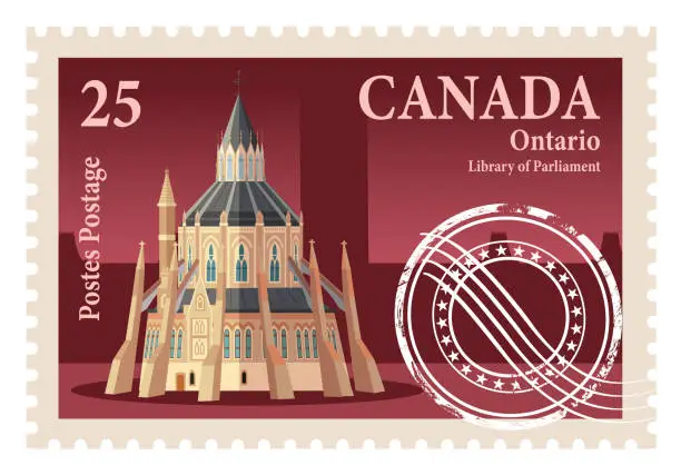 Vector illustration of Canada Stamps, Ontario and Library of Parliament