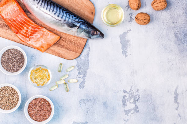 sources of omega 3 - mackerel, salmon, flax seeds, hemp seeds, chia, walnuts, flaxseed oil. - nutritional supplement salmon food flax imagens e fotografias de stock